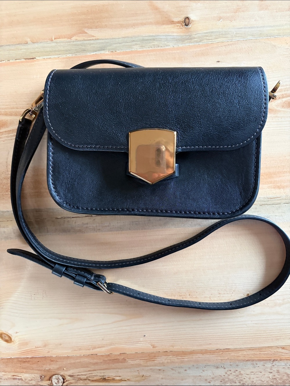 Fossil Lennox Black Leather Flap Crossbody Bag with Gold-tone Hardware